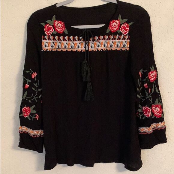 Black Floral Embroidered Long Sleeve Women's Top Size S - Picture 1 of 8
